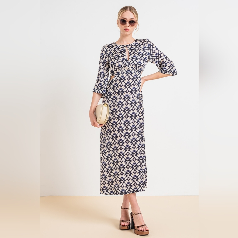 Stefanel Cut Out Geometric Midi Dress Navy And Cream Size Small